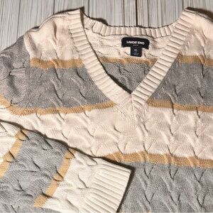 Lands’ End Drifter Striped Cable Knit Sweater Women’s XL 18 V-Neck Pullover